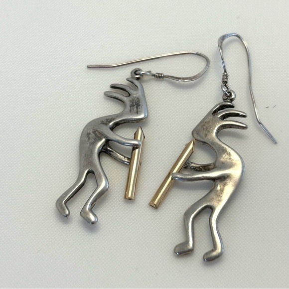 Vintage 925 Sterling Silver Gold Kokopelli Dangle Earrings - Picture 8 of 9
